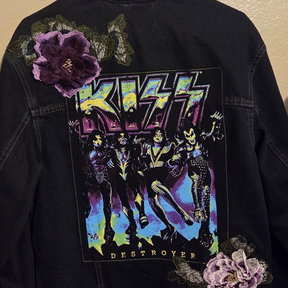Universal Thread Black Denim Jacket with Purple Floral Accents